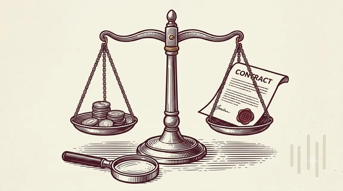 Ilustración de una balanza antigua pesando monedas frente a un contrato