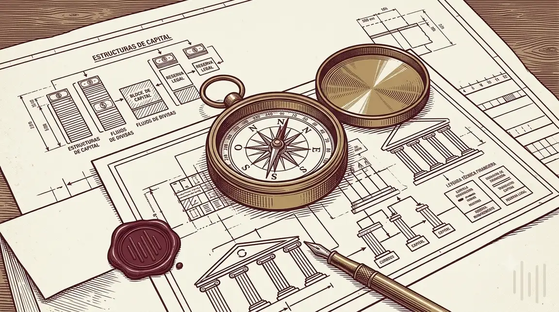 Ilustración de una brújula de latón sobre planos de una estructura financiera