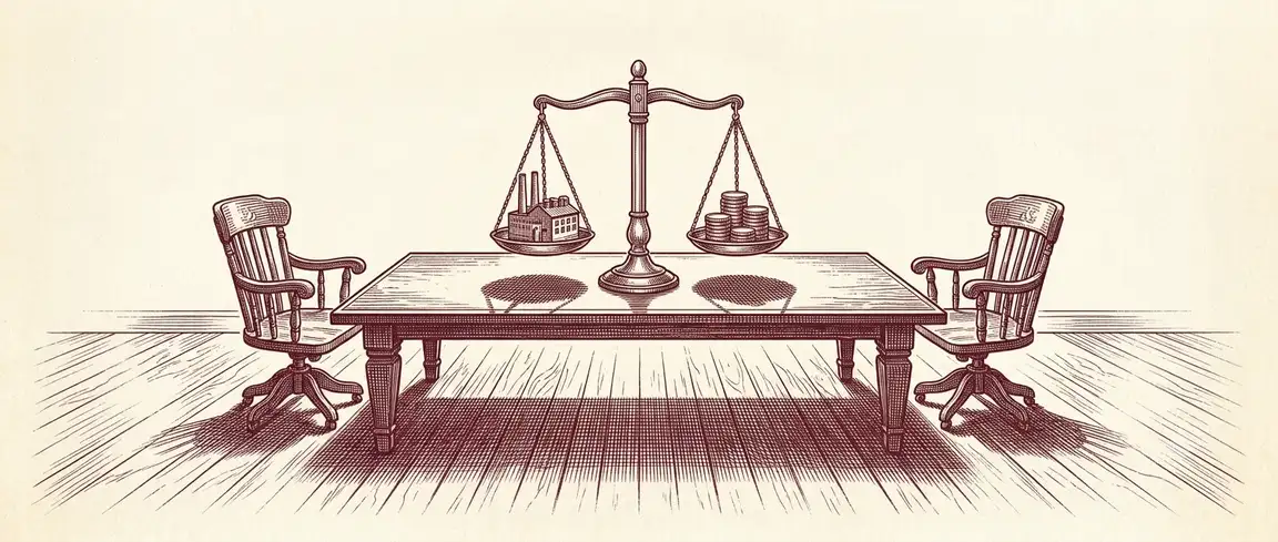 Ilustración de dos sillones de despacho enfrentados a una mesa con una balanza de precisión entre una fábrica y una pila de monedas, representando la disputa de valor entre socios