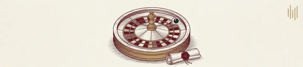 Ilustración de una ruleta de casino junto a una escritura enrollada y lacrada, en el estilo de grabado granate/marfil de la serie: la cuota de la hipoteca queda al azar, como en una ruleta, en vez de fijarse por una fórmula pactada en el contrato.