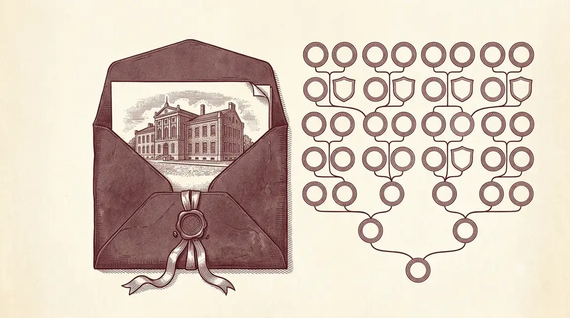 Ilustración de un sobre lacrado abierto con la fotografía de un edificio señorial junto a un árbol genealógico con escudos heráldicos