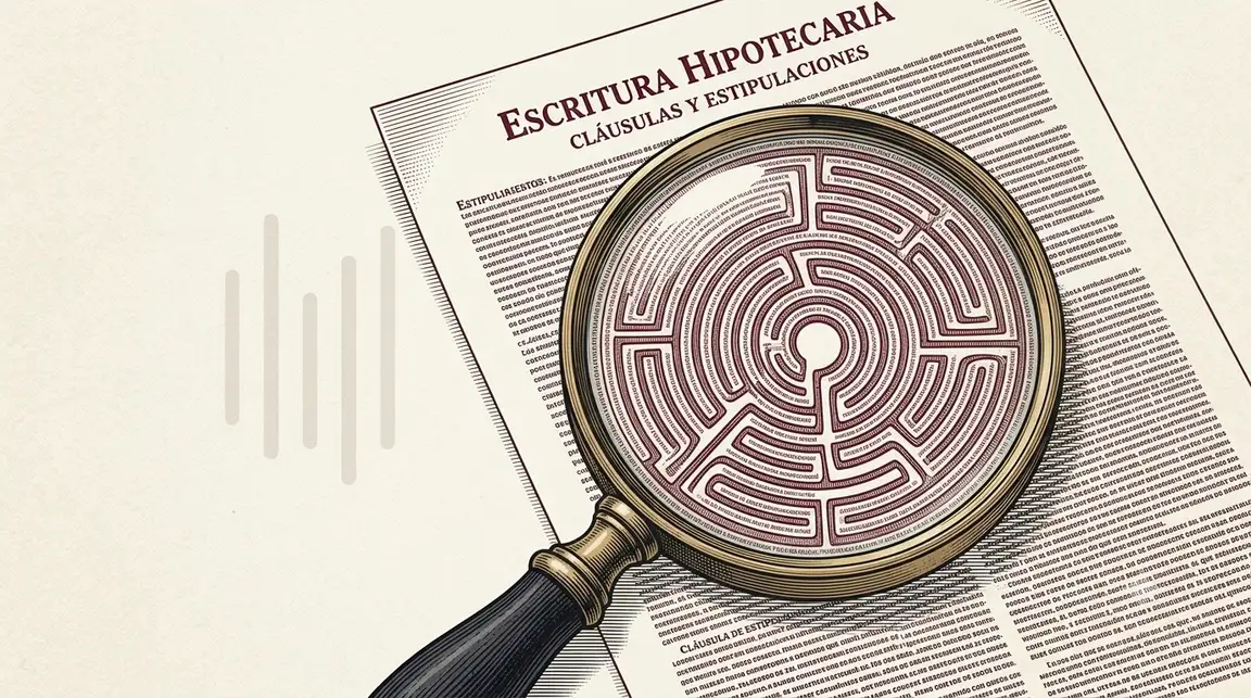Ilustración de una escritura hipotecaria bajo una lupa que revela un laberinto