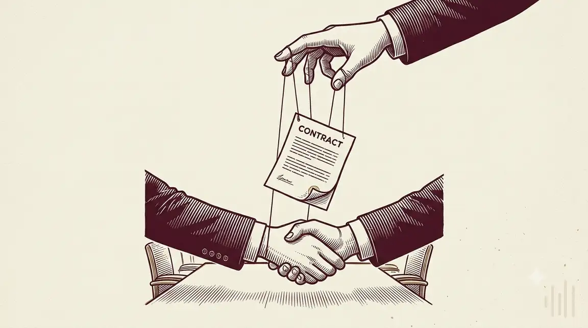 Ilustración de un apretón de manos sobre un contrato del que cuelgan hilos de marioneta