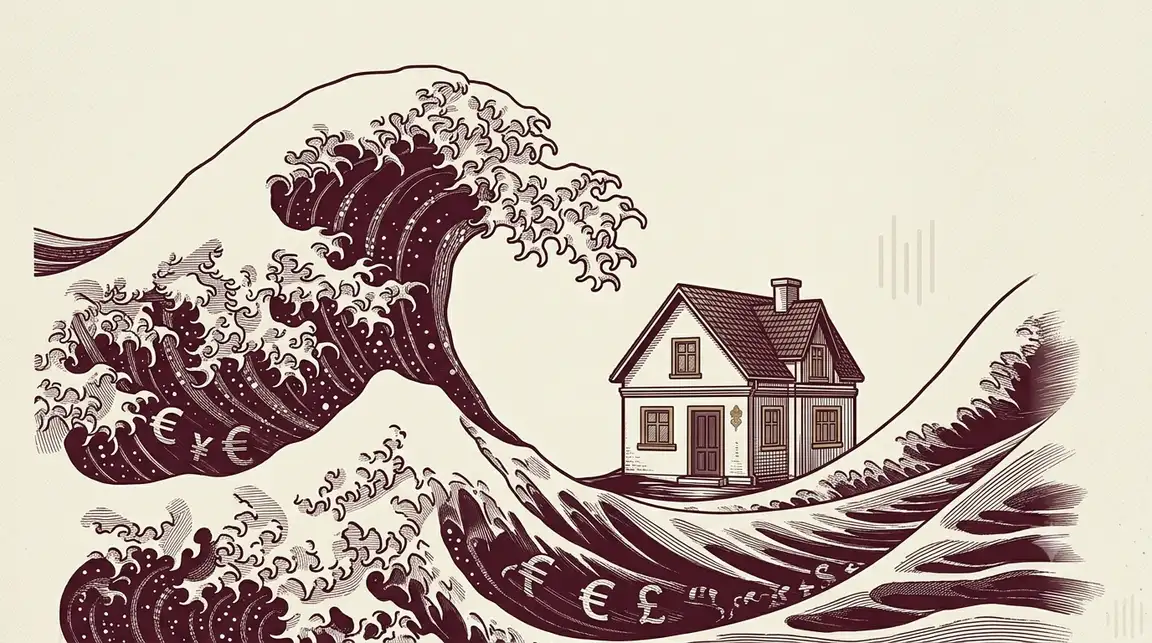 Ilustración de una gran ola al estilo japonés amenazando una casa