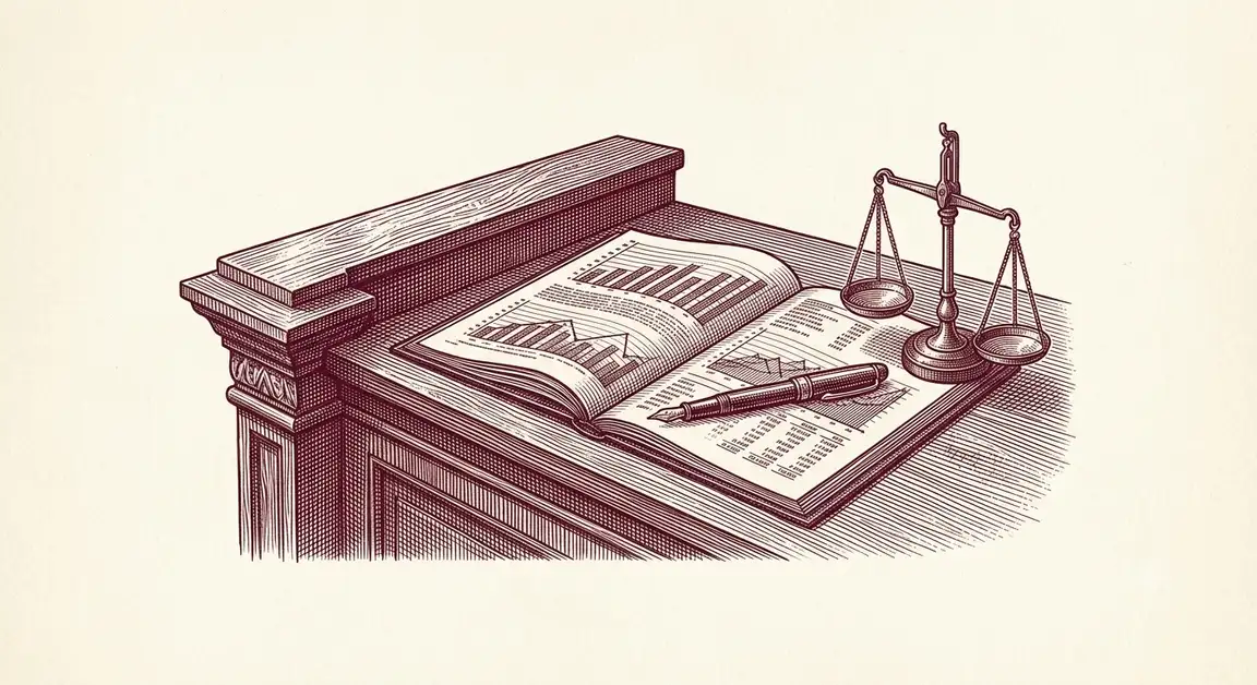 Ilustración de un atril con un libro de contabilidad abierto mostrando gráficos de barras, una pluma estilográfica y una balanza de precisión sobre un escritorio de madera