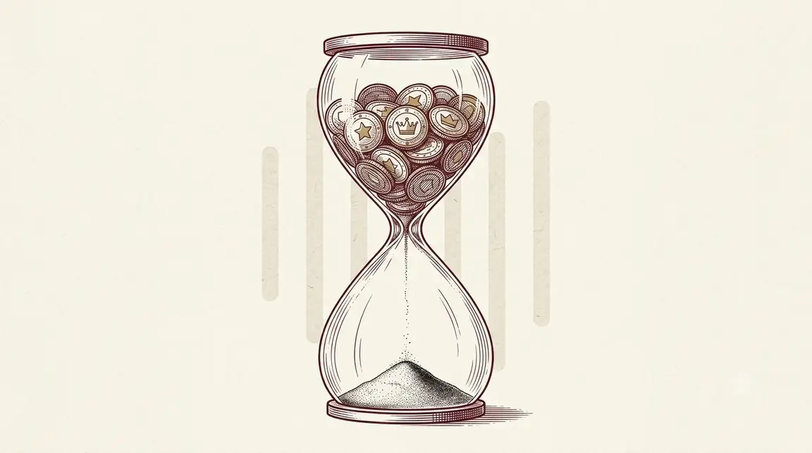 Ilustración de un reloj de arena con monedas que apenas llegan abajo
