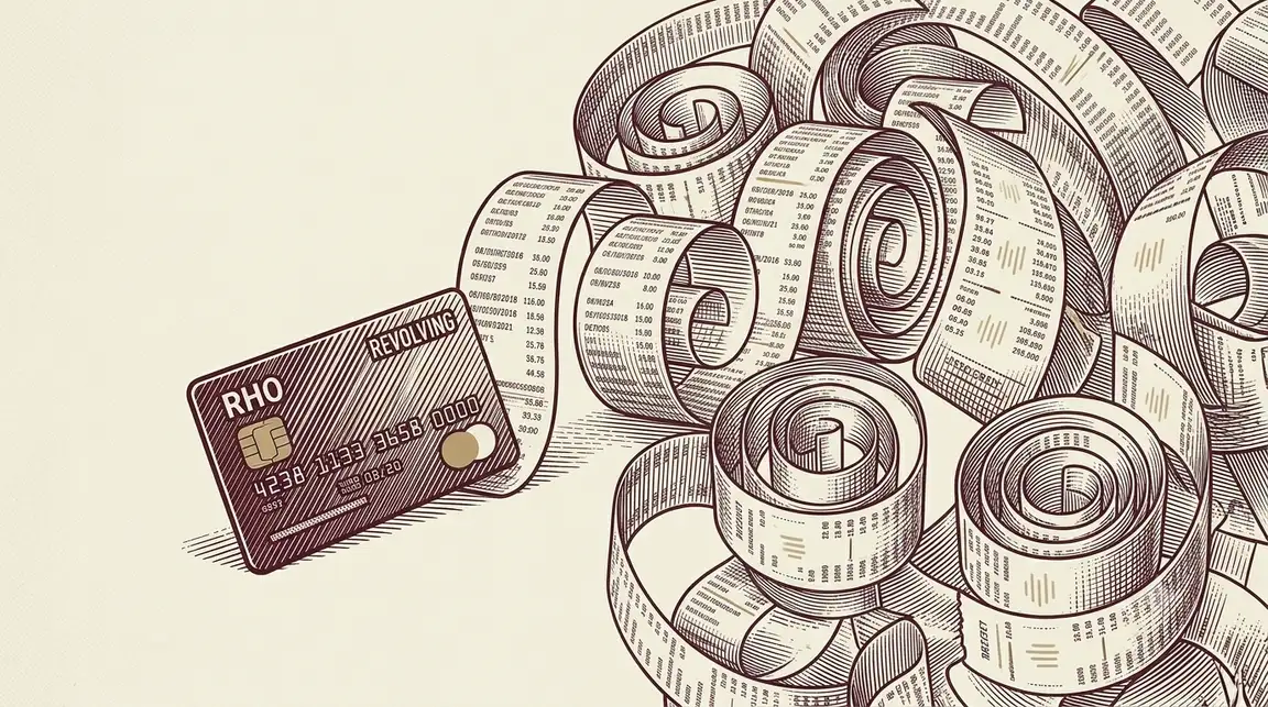 Ilustración de una tarjeta de crédito de la que se despliega una espiral interminable de recibos