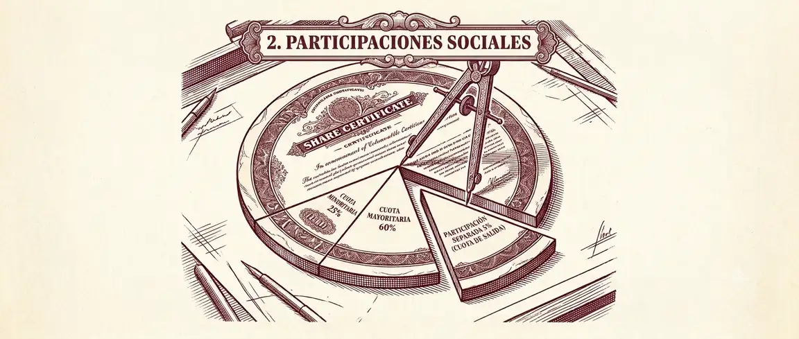 Ilustración de un certificado de participaciones sociales en forma de tarta dividida en cuota mayoritaria, minoritaria y de salida, con un compás de precisión seccionando una porción